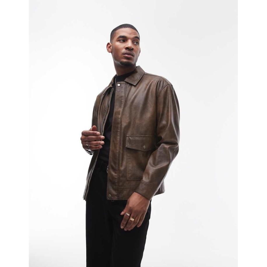 Topman - Jack van imitatieleer met voorzakken in bruin Bruin