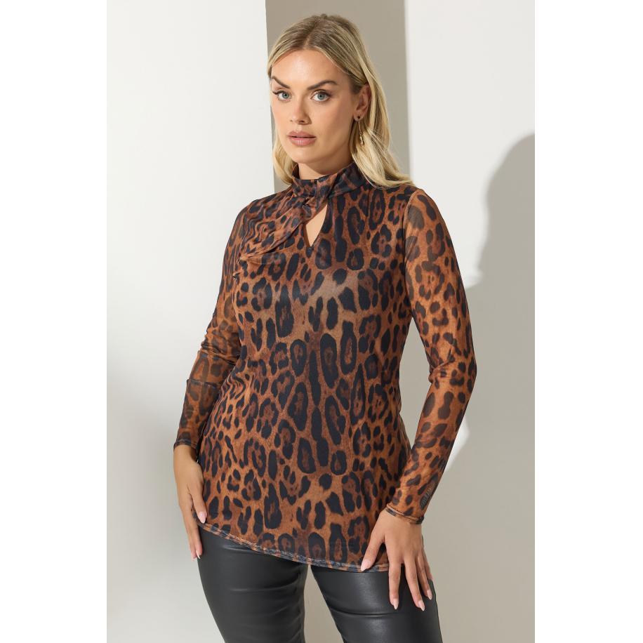 Yours London Curve Bruine Luipaard Twist Neck Mesh Top Size 58-60 Bruin