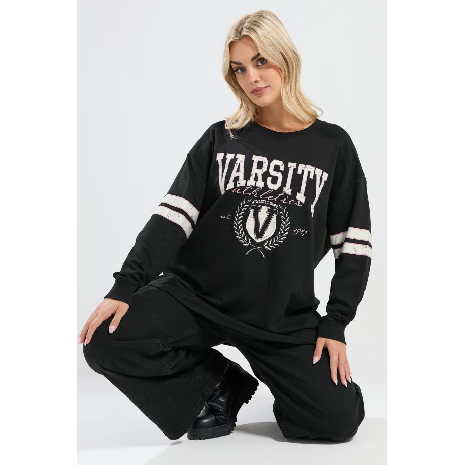 Yours Plus Size Black 'Varsity' Long Sleeve Tshirt Size 66-68 Zwart