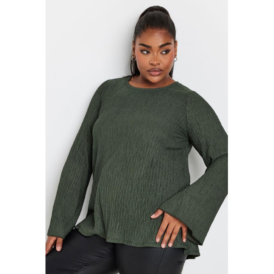 Yours Plissé Top Met Uitlopende Mouwen In Kakigroen Size 62-64 Groen