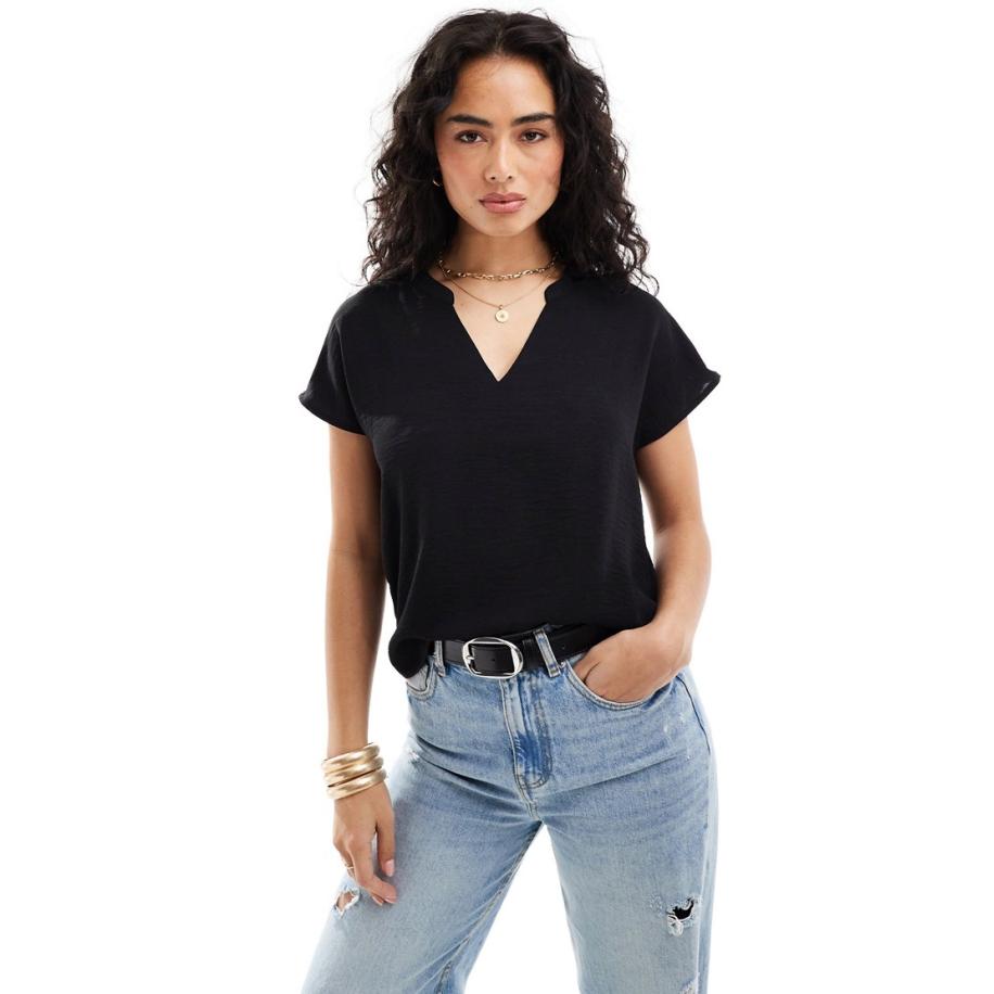 JDY Blouse met V-hals en korte mouwen in zwart Zwart