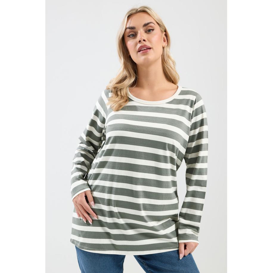Yours Plus Size Sage Green Stripe Long Sleeve Tshirt Size 66-68 Groen