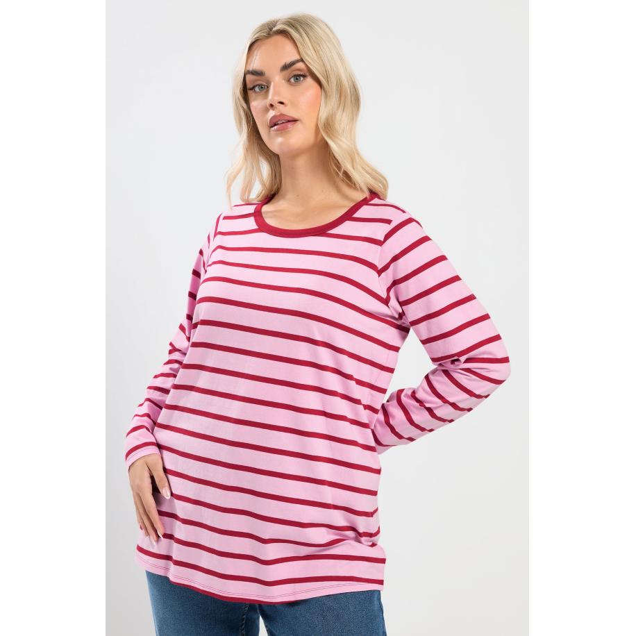 Yours Plus Size Pink Stripe Long Sleeve Ringer Top Size 66-68 Roze