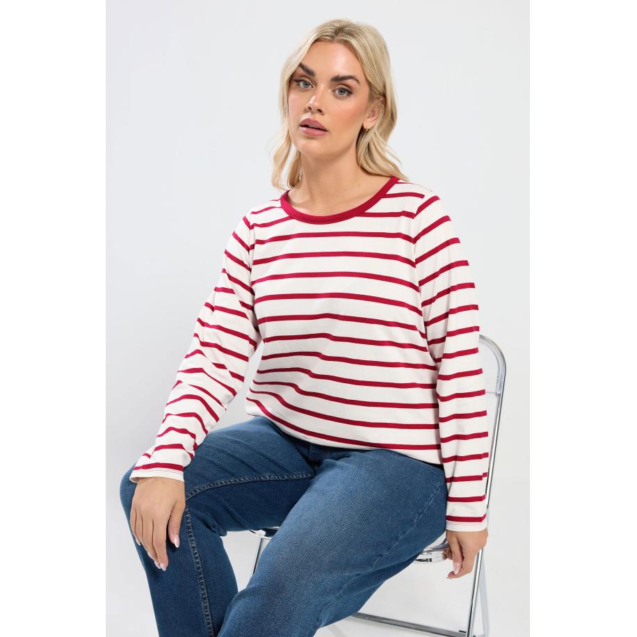 Yours Plus Size Red Stripe Long Sleeve Ringer Top Size 66-68 Rood