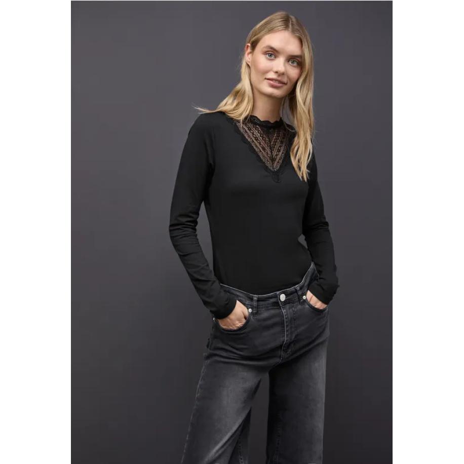 Street One Shirt met kantdetail Zwart