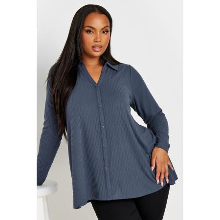 Yours Geribbelde Top Met Kraag En Lange Mouwen In Leigrijs Size 66-68