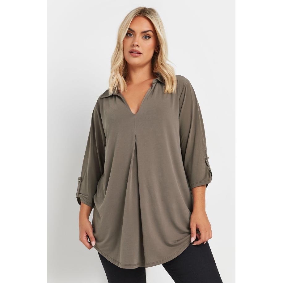 Yours Top Met Kraag En Plooidetail In Bruin Size 54-56 Bruin