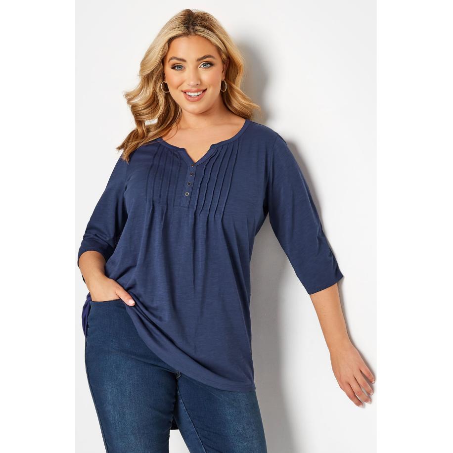 Yours Top Met Biezen, Knopen En Lange Achterkant In Denimblauw Size 62-64 Blauw