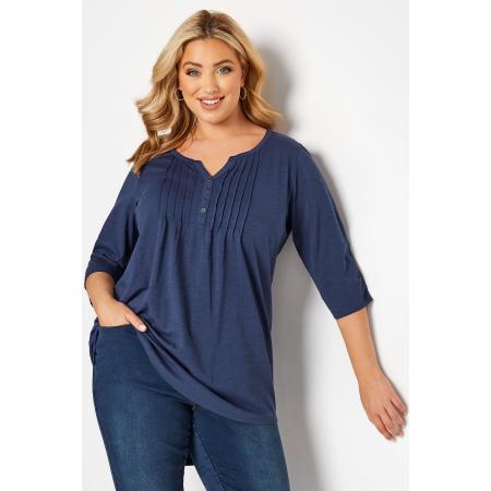 Yours Top Met Biezen, Knopen En Lange Achterkant In Denimblauw Size 62-64