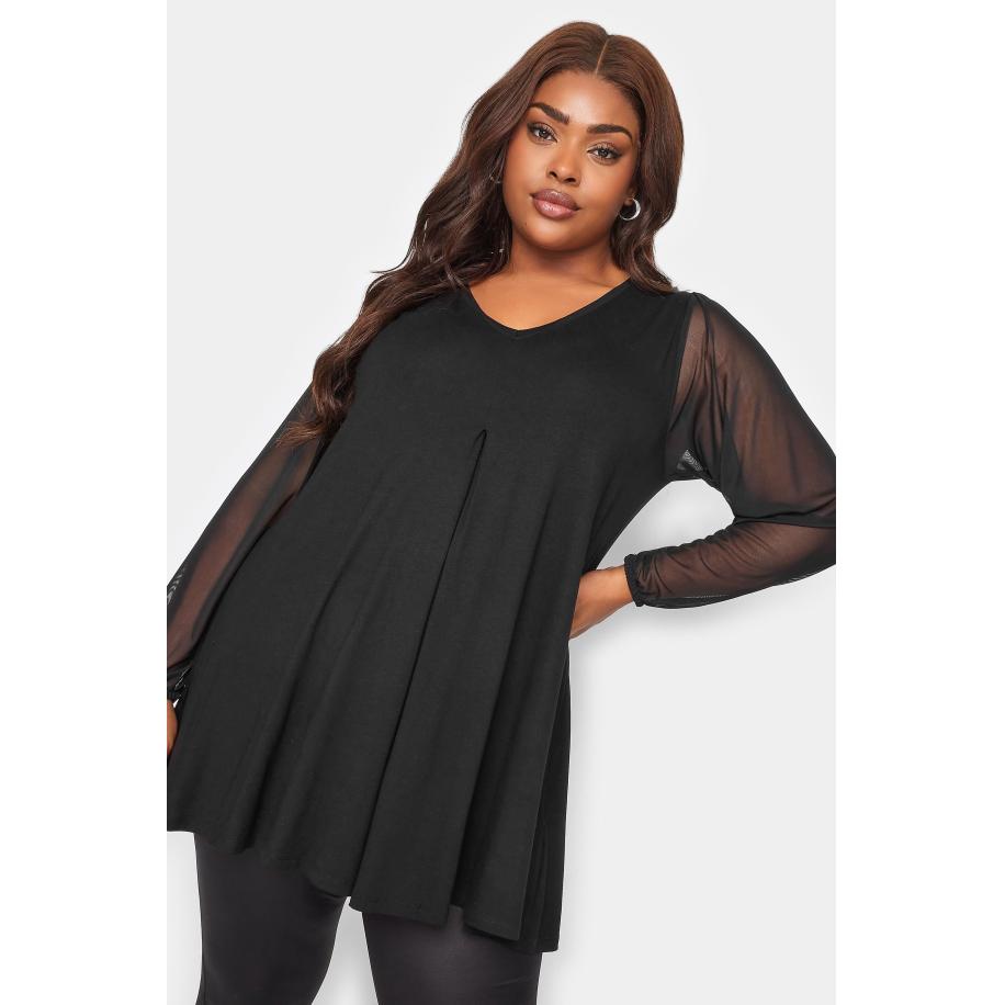 Yours Swingtop Met Plooidetail En Mesh Mouwen In Zwart Size 66-68 Zwart