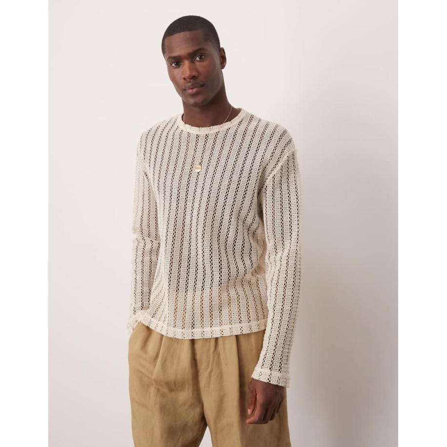 ASOS DESIGN - Ruim T-shirt met lange mouwen en wijde hals in gehaakt crème-Wit Wit