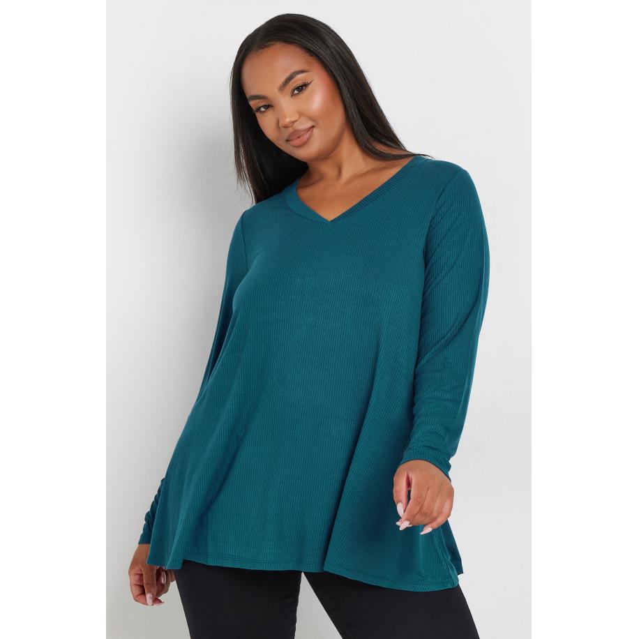 Yours Top Met Geribbelde Textuur En Vhals In Blauwgroen Size 62-64 Blauw