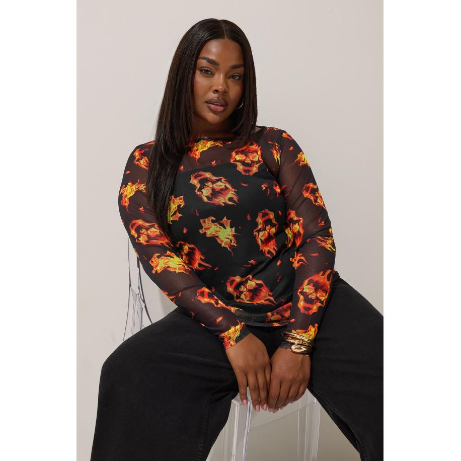 Limited Collection Zwarte Fire Skull Mesh Top Size 58-60 Zwart