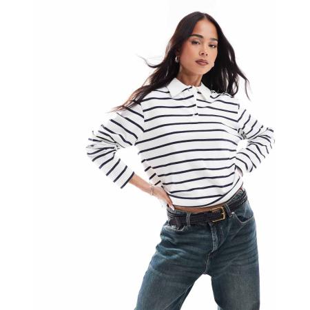 ONLY Gestreepte polo met lange mouwen in wit en marineblauw