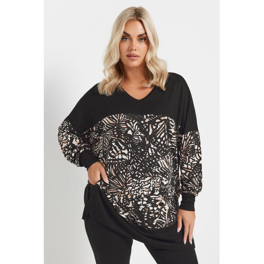 Yours Top Met Kleurblokontwerp Met Vlinderprint In Zwart/Wit Size 58-60 Zwart