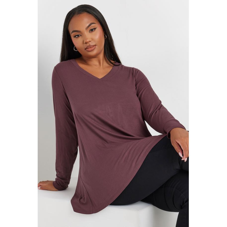 Yours Top Met Geribbelde Textuur En Vhals In Paars Size 62-64 Paars