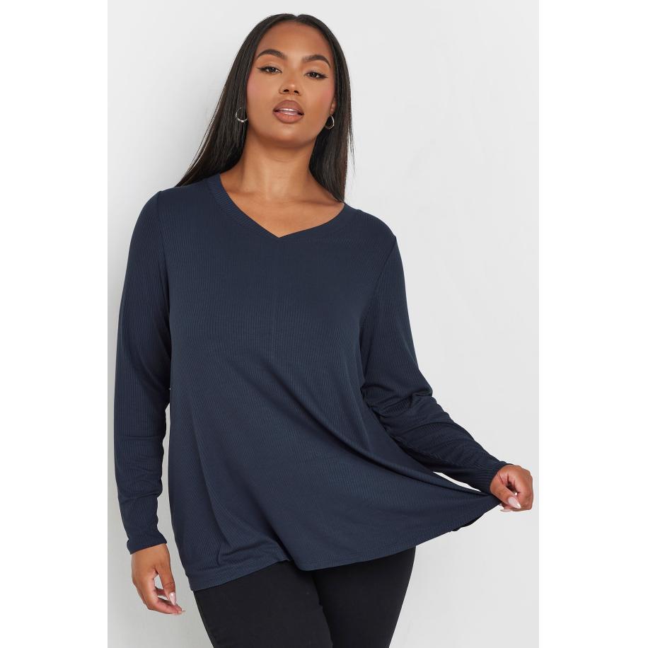 Yours Top Met Geribbelde Textuur En Vhals In Donkerblauw Size 62-64 Blauw