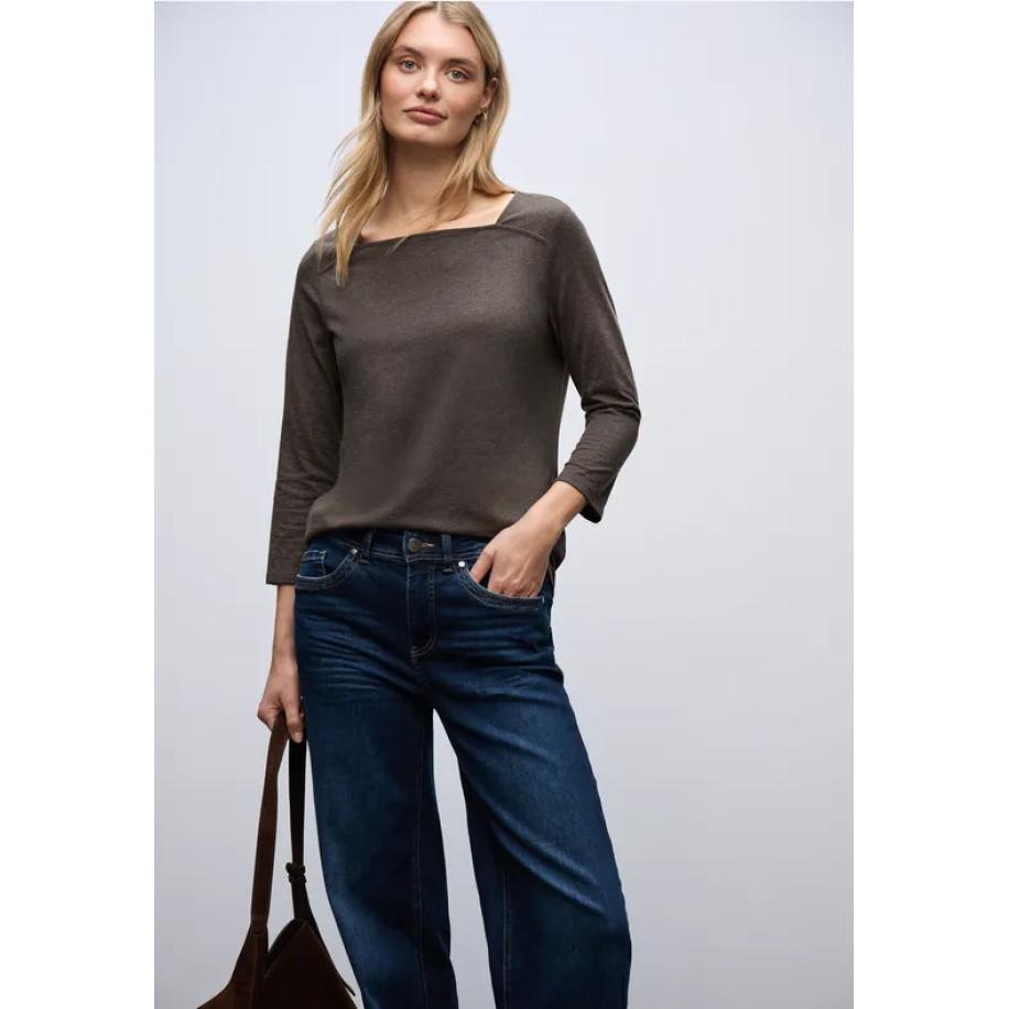 Street One Shirt met vierkante halslijn - Bruin