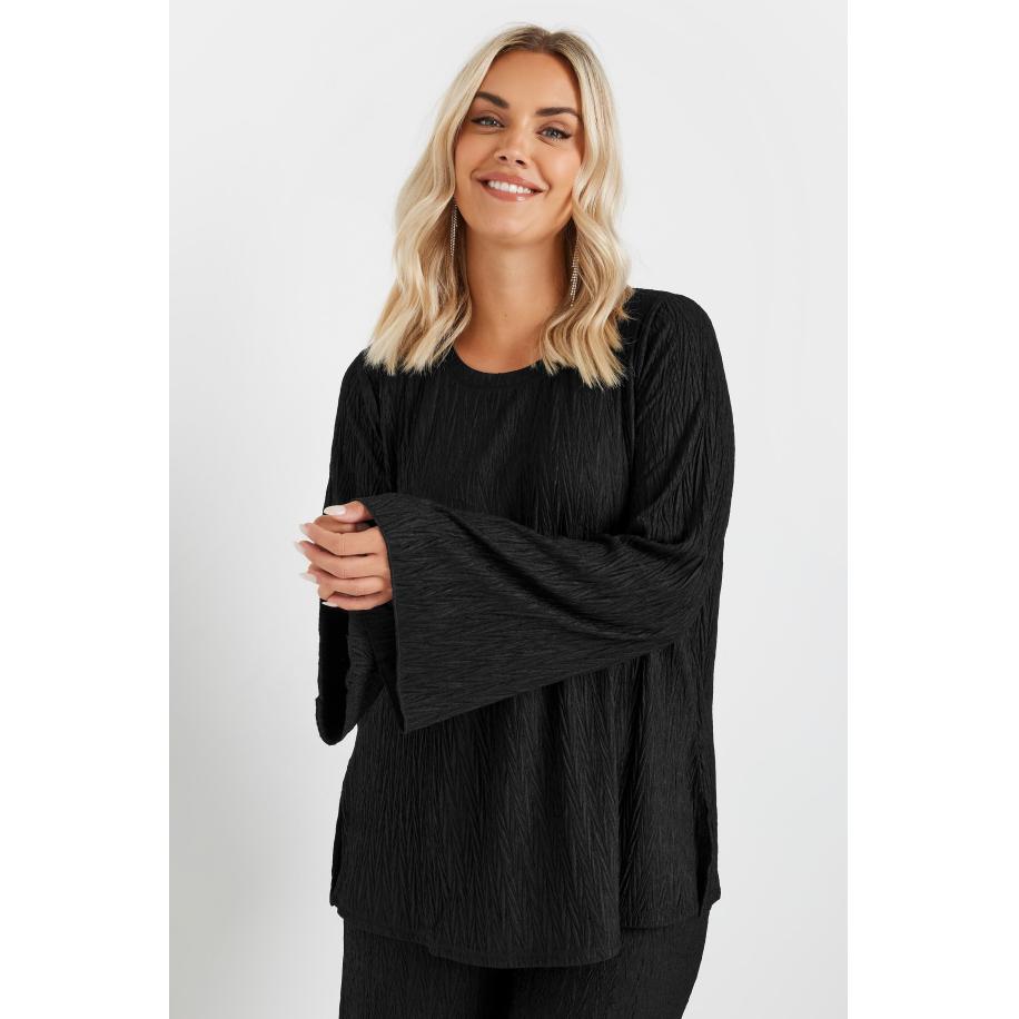 Yours Plissé Top Met Uitlopende Mouwen In Zwart Size 46 Zwart