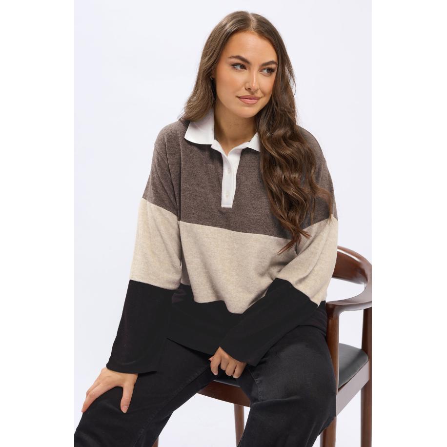 Yours Curve Natural Brown Colourblock Rugby Collar Top Size 62-64 Bruin