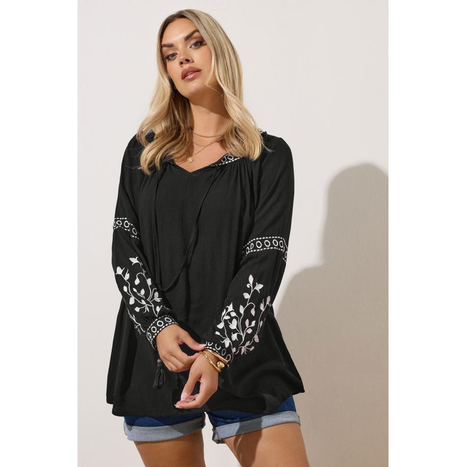 Yours Curve Zwarte Geborduurde Top Met Strik Aan De Voorkant Size 62-64 Zwart