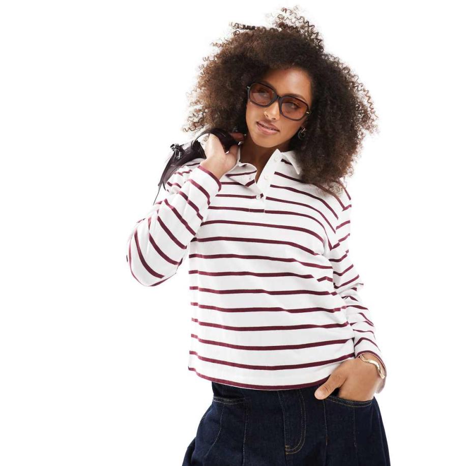 ONLY Gestreepte polo met lange mouwen in wit en bordeauxrood Rood