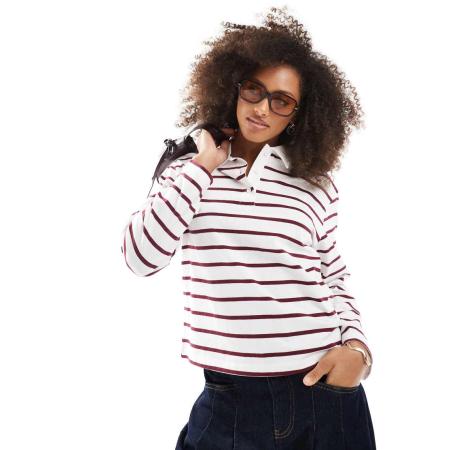 ONLY Gestreepte polo met lange mouwen in wit en bordeauxrood