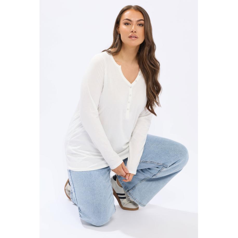 Yours Curve Ivoorwit Geribbelde Henley Top Size 66-68 Wit