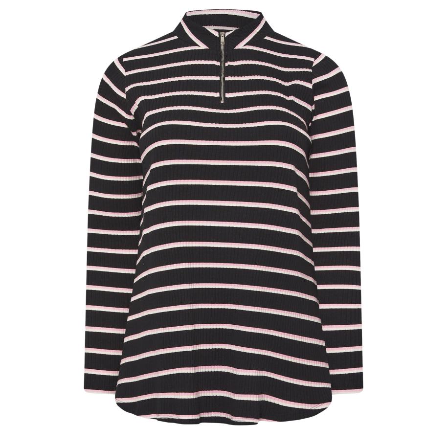 Yours Plus Size Black & Pink Stripe Zip Neck Top Size 42 Zwart