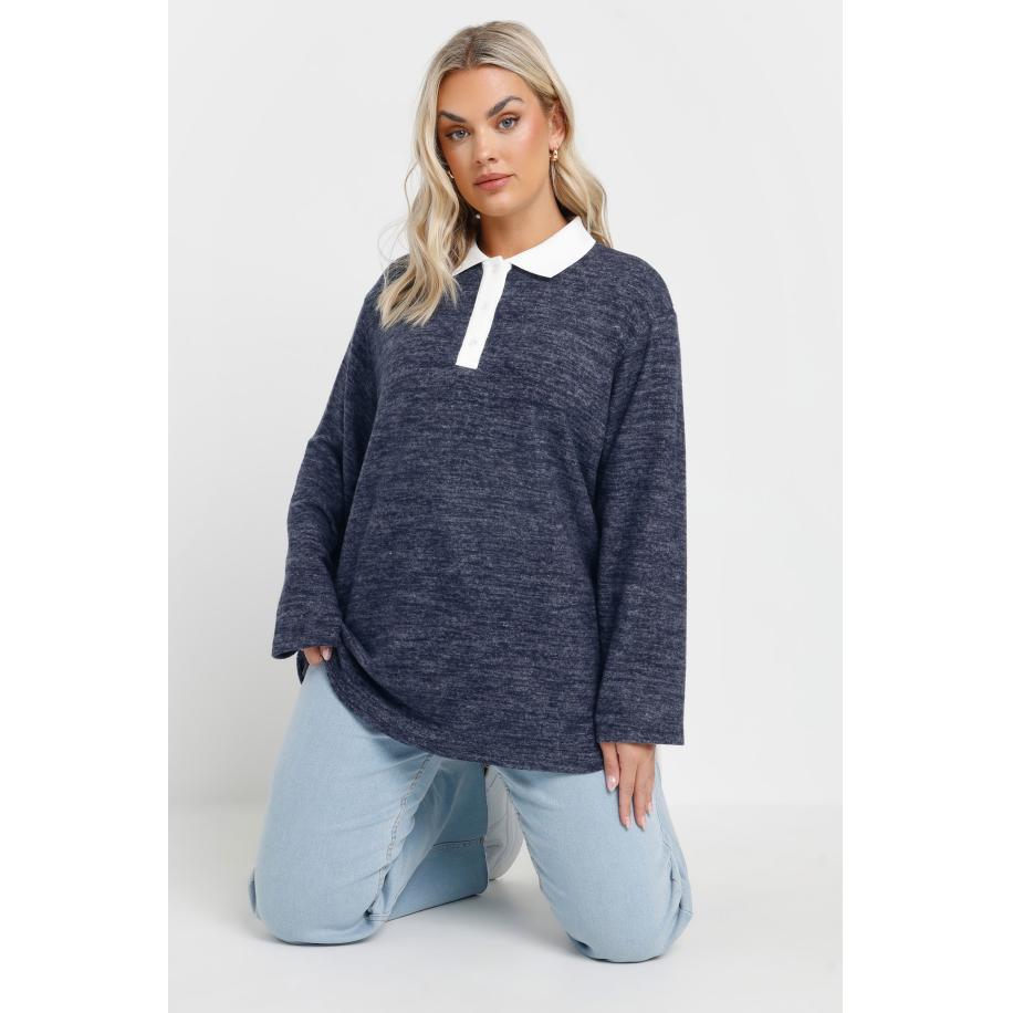 Yours Zachte Top Met Rugbykraag In Gemêleerd Donkerblauw Size 62-64 Blauw