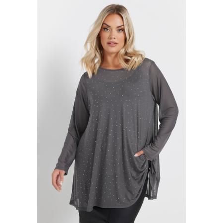 Yours Mesh Top Met Studversiering Aan De Voorkant In Donkergrijs Size 44