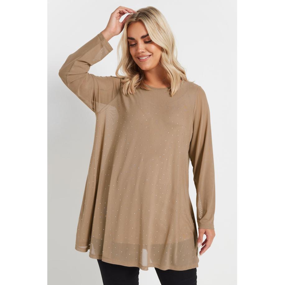 Yours Mesh Top Met Studversiering Aan De Voorkant In Beige Size 58-60 Bruin