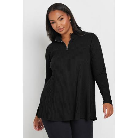 Yours Geribbelde Top Van Katoen Met 1/4 Rits In Zwart Size 66-68