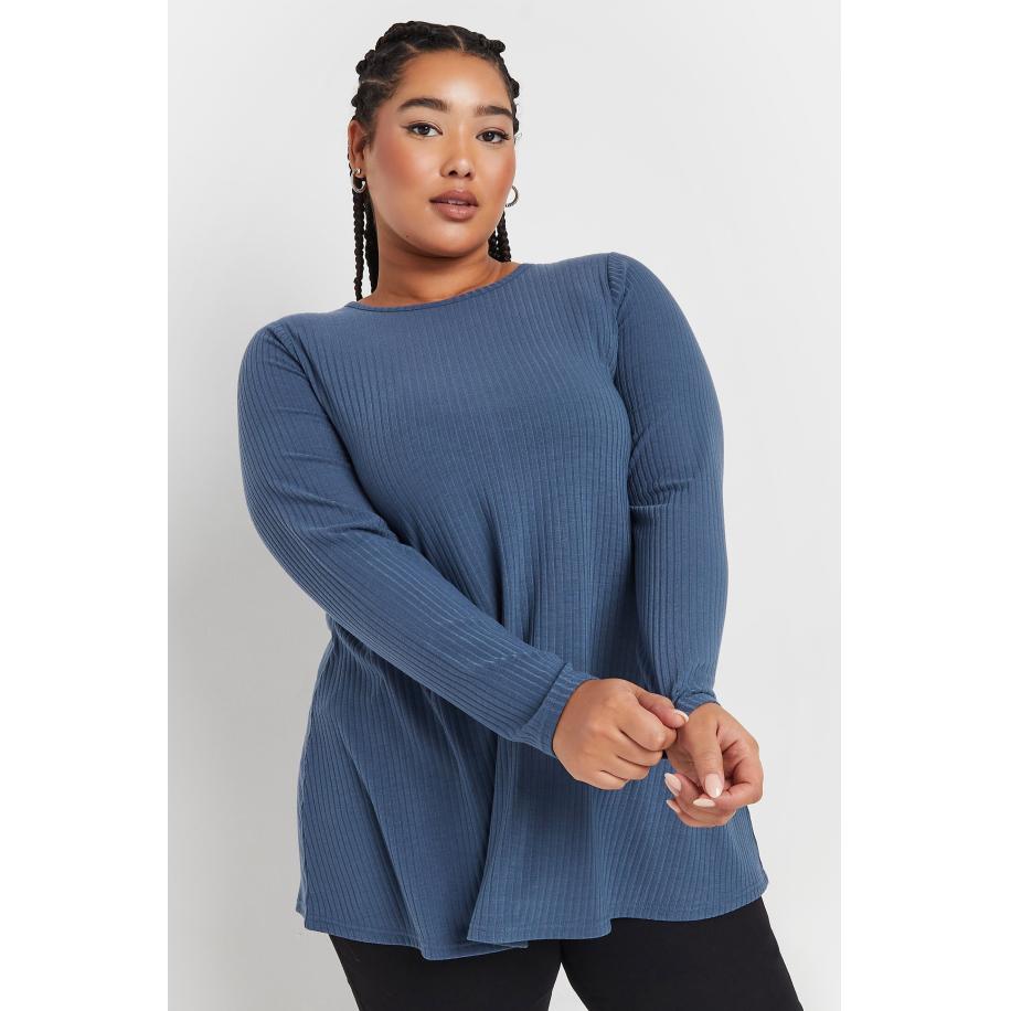 Yours Top Met Geribbelde Textuur En Lange Mouwen In Denimblauw Size 66-68 Blauw
