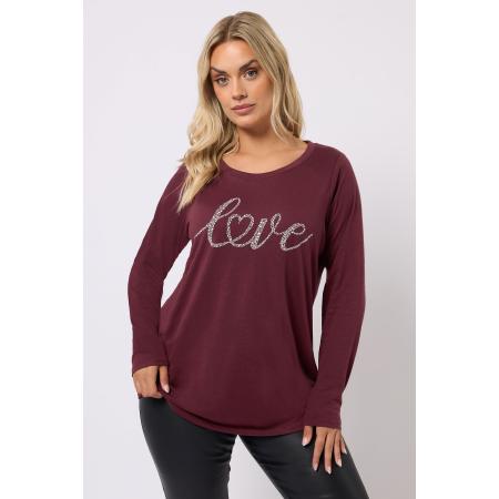 Yours Curve Wijnrood 'Love' Tshirt Met Lange Mouwen Size 66-68