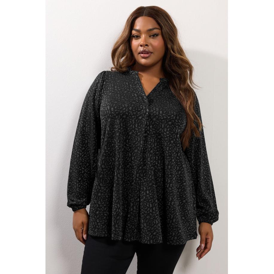 Yours Curve Zwart Metallic Geplooide Top Size 66-68 Zwart