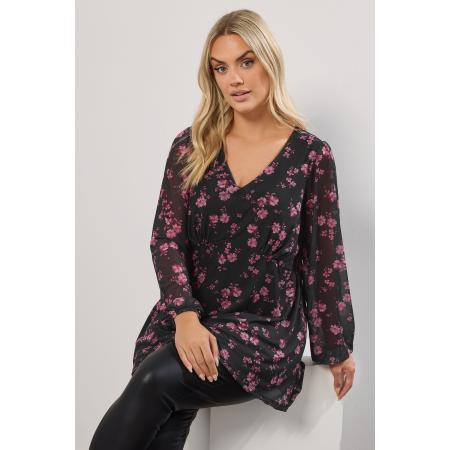 Yours Curve Zwart & Roze Bloemen Mesh Top Size 66-68