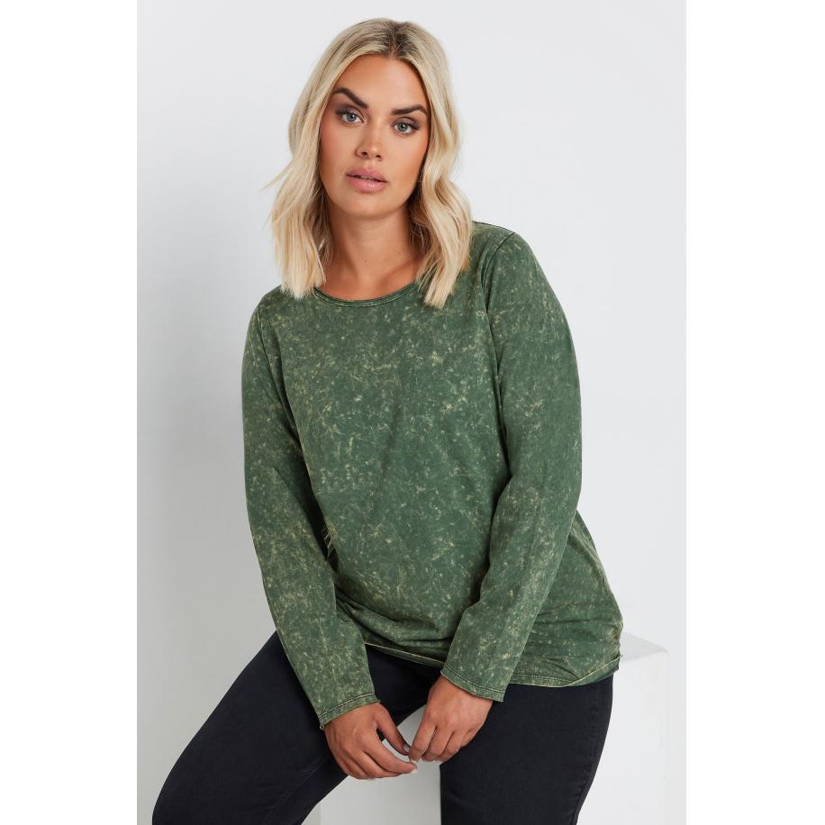 Yours Top Van Katoen Met Lange Mouwen In Groene Acid Wash Size 66-68 Groen