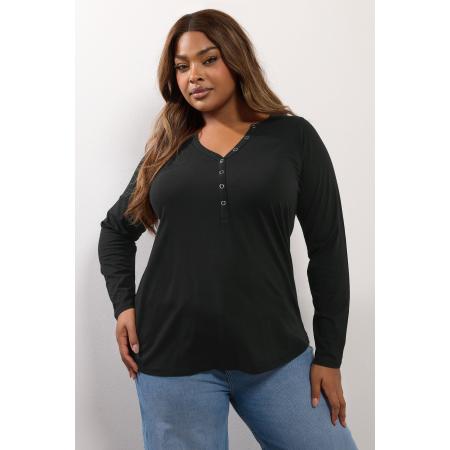 Yours Curve Zwarte Geribbelde Henley Top Size 66-68