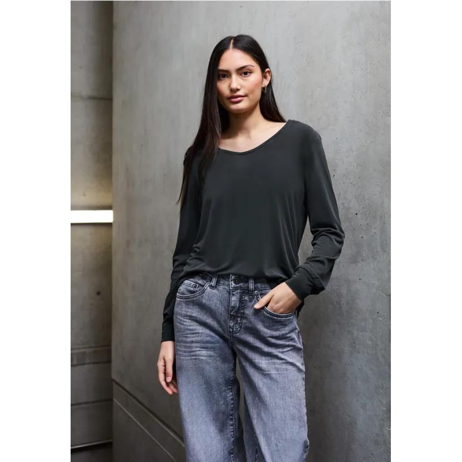 Street One Silk-Look V-hals Shirt Zwart