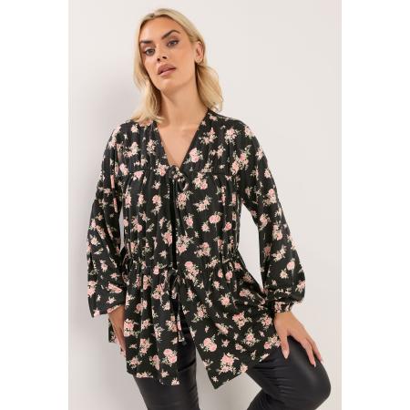 Yours Top Met Bloemenmotief, Gestrikte Voorkant En Plooitjes In Zwart/Roze Size 54-56