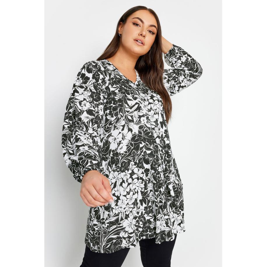 Yours Top Met Bladerprint En Lange Mouwen In Zwart/Wit Size 50-52 Zwart