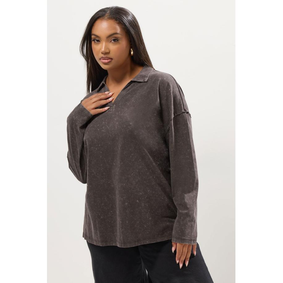 Yours Curve Bruin Acid Wash Rugby Kraag Top Size 66-68 Bruin