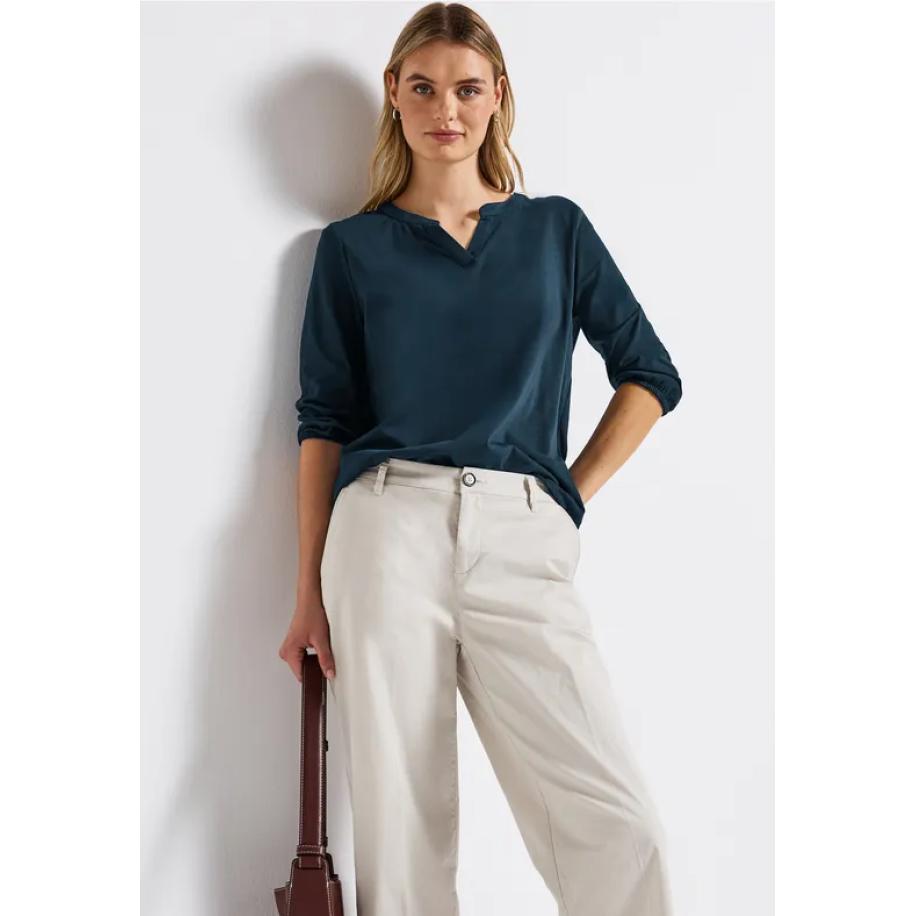 Street One Shirt van jersey met gespleten hals Blauw