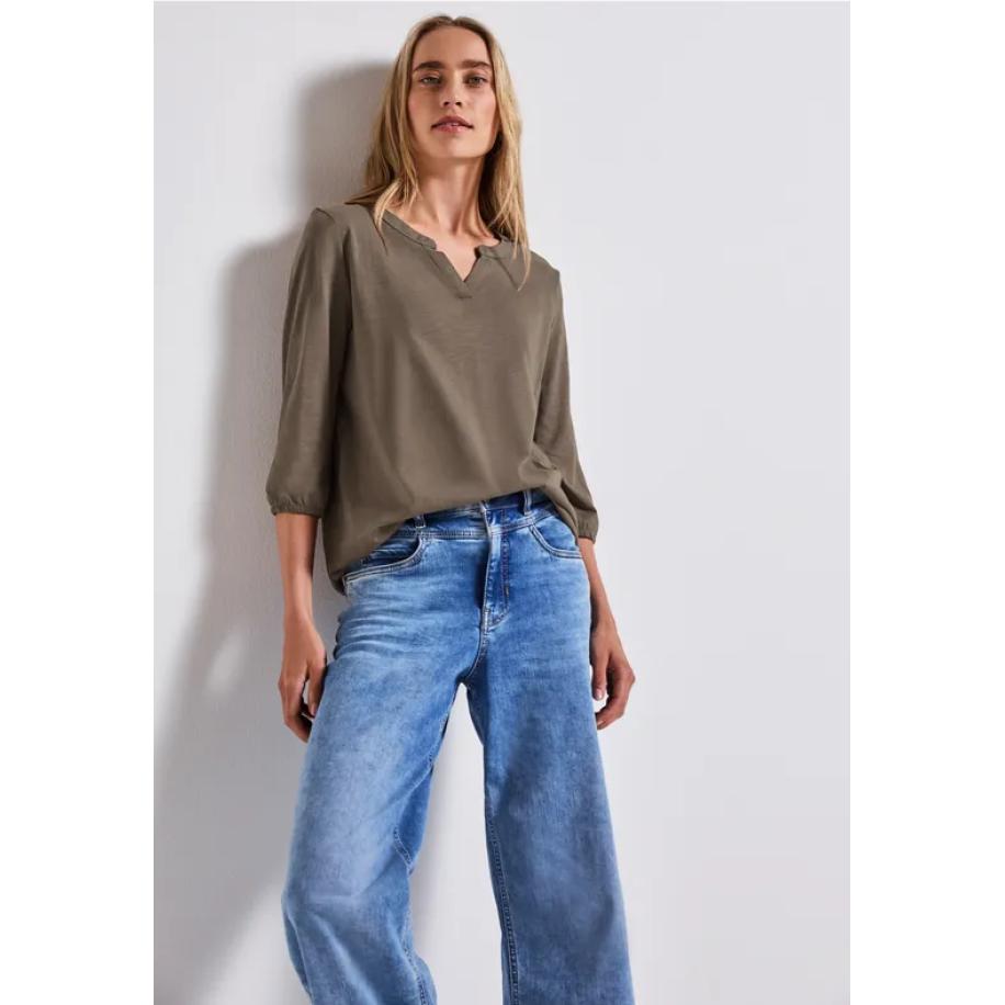 Street One Shirt van jersey met gespleten hals Bruin