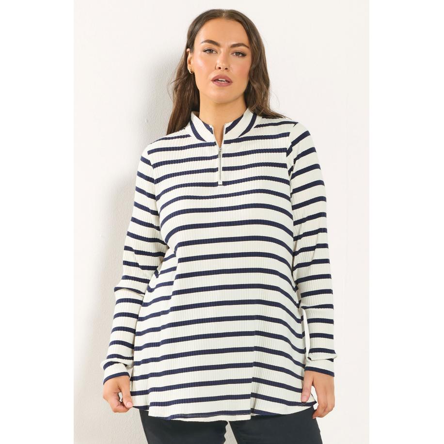 Yours Curve Ivory White Stripe Zip Neck Top Size 66-68 Wit