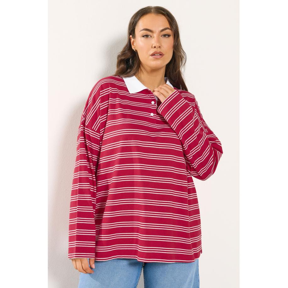 Yours Plus Size Red & White Stripe Rugby Collar Top Size 66-68 Rood