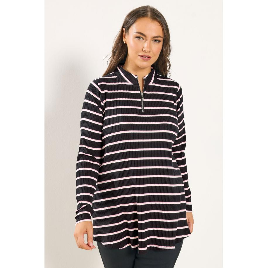 Yours Plus Size Black & Pink Stripe Zip Neck Top Size 66-68 Zwart