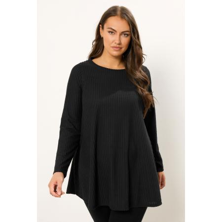 Yours Curve Zwart Zacht Aanrakend Geribbeld Topje Met Lange Mouwen Size 58-60