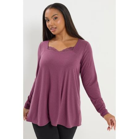 Yours Plus Size Dusky Pink Lace Insert Ribbed Top Size 66-68